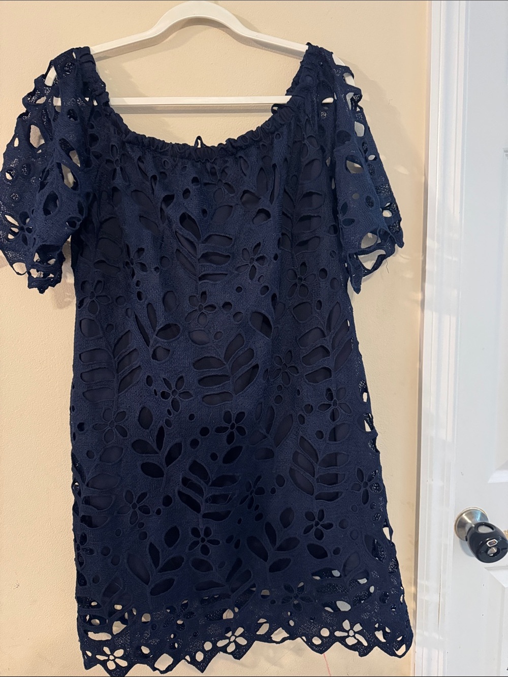 Navy Eyelet Off-Shoulder Dress